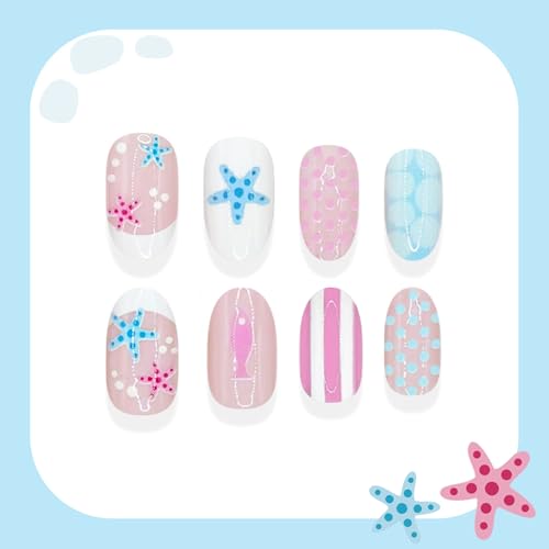 Mtruil Summer French Tip Press-On Nails Set - Designs 23, Short Almond, Pink & Blue Beach Nail Art, Reusable 24 pcs