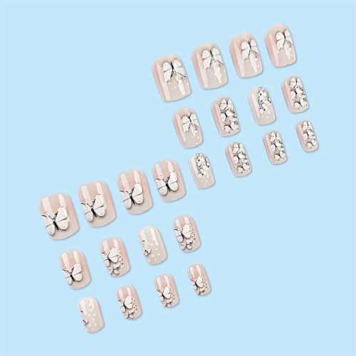 FIEONCIY Short Square Press on Nails with Designs - White Butterfly Floral, Glossy Fake Nails for Women & Girls