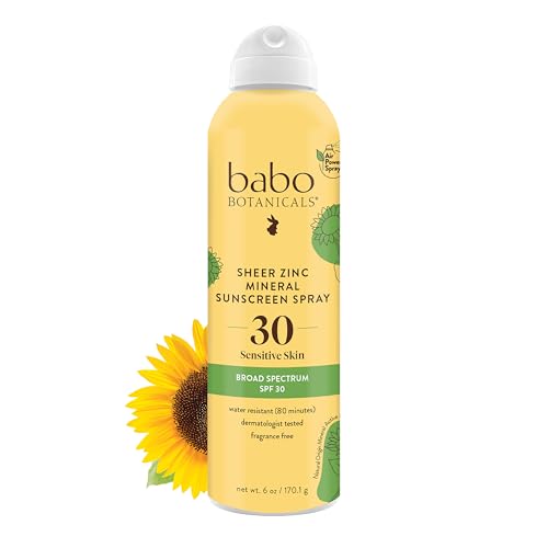 Babo Botanicals SPF30 Sheer Zinc Continuous Sunscreen Spray 6 Oz - Fragrance-Free, Water-Resistant, Extra Sensitive Skin