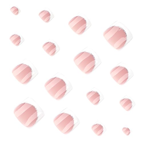 24 Pcs French Tip Press On Toenails - Short Square Glossy Nails
