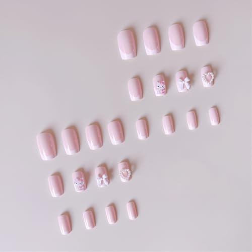 Pink 8 Pcs French Tip Press-On Nails Short Square Fake Nails with Pearls & Bows for Women