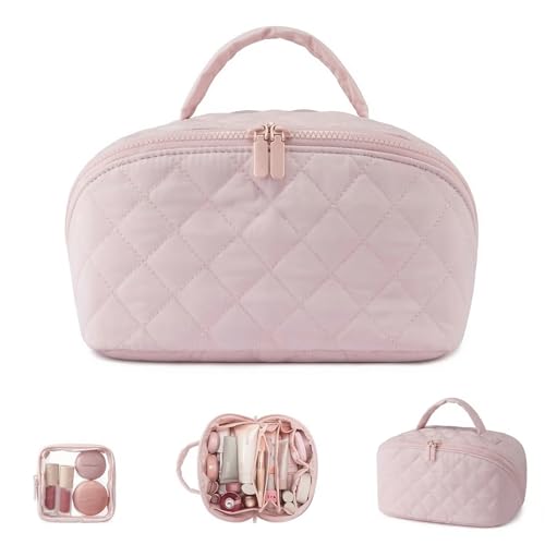 Pink Large Capacity Makeup Bag - Machine Washable Quilted Organizer