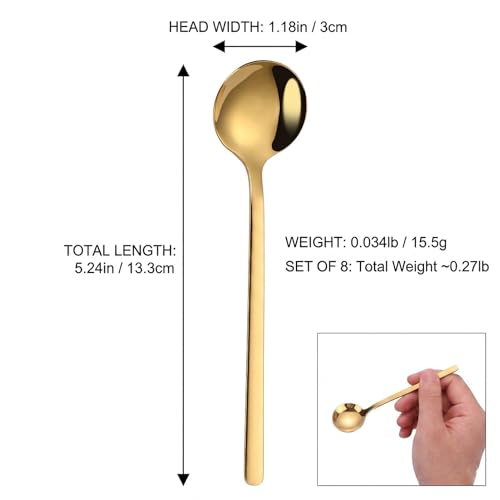 Gold Stainless Steel Coffee Spoons Set - 8-Piece, 5.24-Inch Dessert Spoons