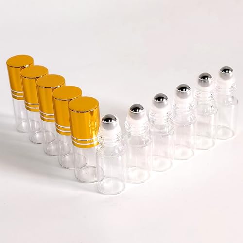 50 PCS 3ml Essential Oil Roller Bottles - Clear Glass with Gold Caps