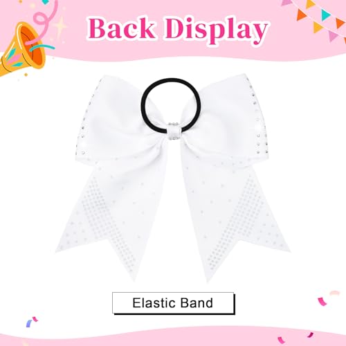 Aileam 2Pcs Glitter White Rhinestone Cheer Bows 7" Large Ponytail Holders