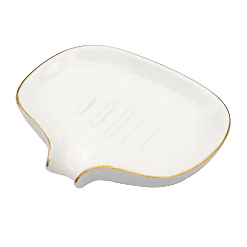 Ceramic Self-Draining Soap Dish with Gold Edge for Bathrooms & Kitchens