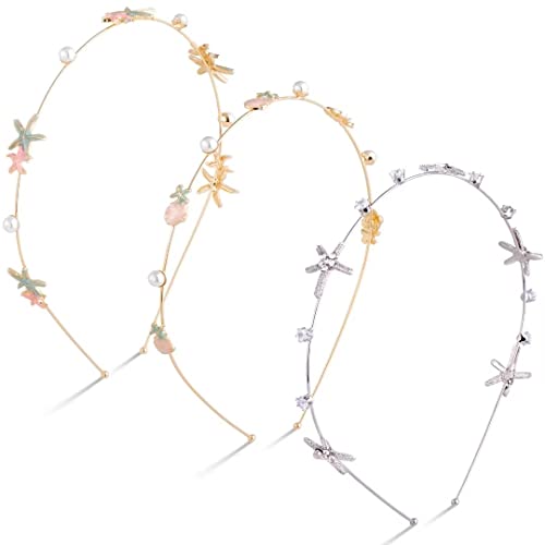 Starfish & Seashell Rhinestone Headbands Set of 3 - Mermaid Bridal Tiaras, 2 Gold 1 Silver
