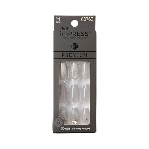 imPRESS Premium Gray V-Cut Stone Press-On Nails 32 Piece Legacy Set - Medium Ballerina & Coffin Shape, Easy & Long-Lasting Fake Manicure