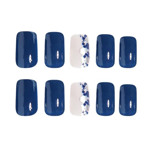 ZWENJIE Style-01 Short Square Blue Press-On Nails with Glitter Silver Rhombus Design 24Pcs