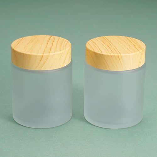 White Frosted Glass Cosmetic Jars 100g Refillable Containers with Wood Grain Lids - Travel Size