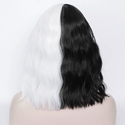 Mersi Black White Short Wavy Bob Wig 13 Inch for Cosplay Halloween Costume Women S046BW1