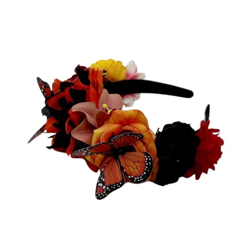 Boho Butterfly Flower Crown Headband, Adjustable Floral Bridal Headpiece