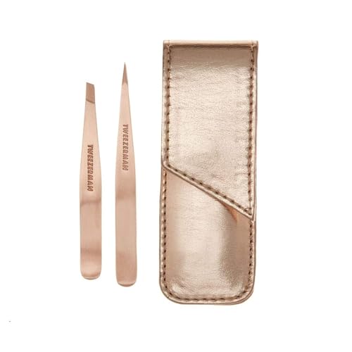 Tweezerman Rose Gold Petite Point and Slant Tweezer Set with Travel Case - Eyebrows for Women and Men
