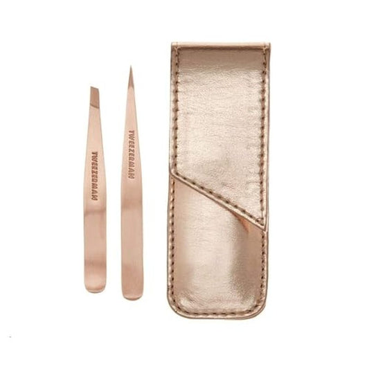 Tweezerman Rose Gold Petite Point and Slant Tweezer Set with Travel Case - Eyebrows for Women and Men