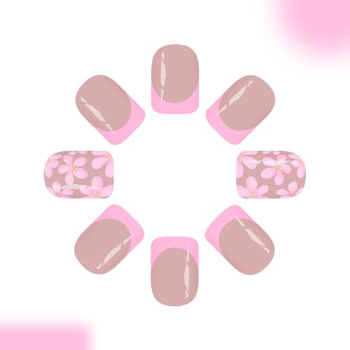 Short Nude Pink French Tip Press On Nails with Floral Design