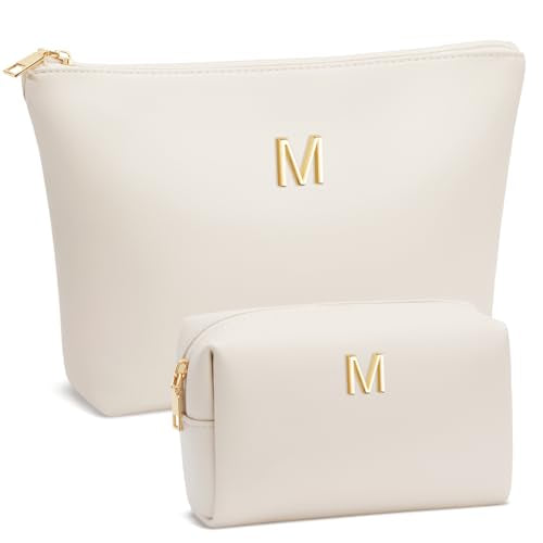CLOUDWINGS Personalized Initial Travel Makeup Bag - Beige, Medium