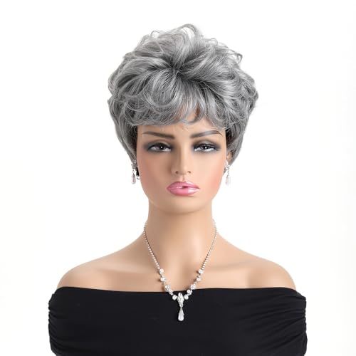 Short Curly Silver Grey Pixie Wig with Bangs - Natural Heat Resistant