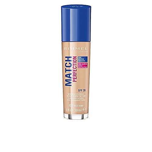 Rimmel London Match Perfection Foundation SPF20 103 True Ivory 30ml - Medium Coverage, Skin Tone Matching