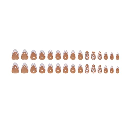 RikView Medium Almond French Tip Press-On Nails with Flower Design, Glossy Fake Nails for Women, 24 Pcs