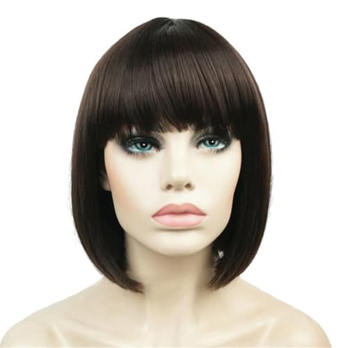 Aimole 8" Short Straight Bob Wig with Bangs - Chestnut Brown (#6)