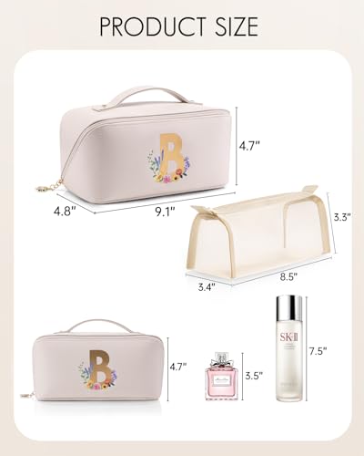 VLANDO Initial Makeup Bag with Brush Pouch - Personalized PU Leather Case