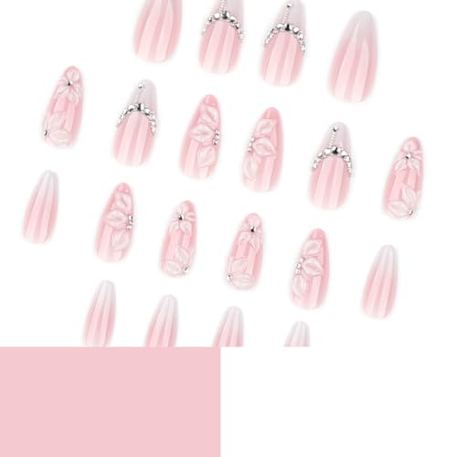 24 Pcs White Almond French Tip Press on Nails with Rhinestones