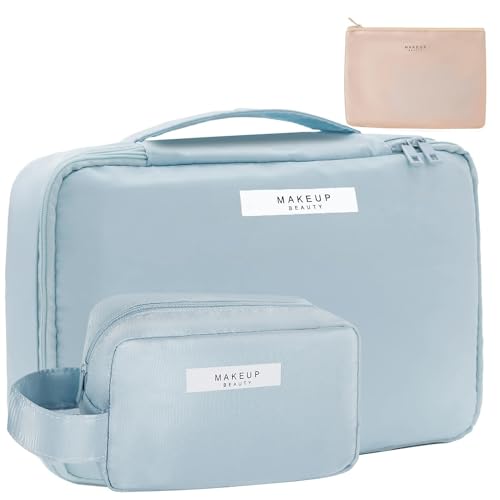 Queboom Blue 3-Piece Travel Makeup & Cosmetic Bag Set Waterproof Nylon