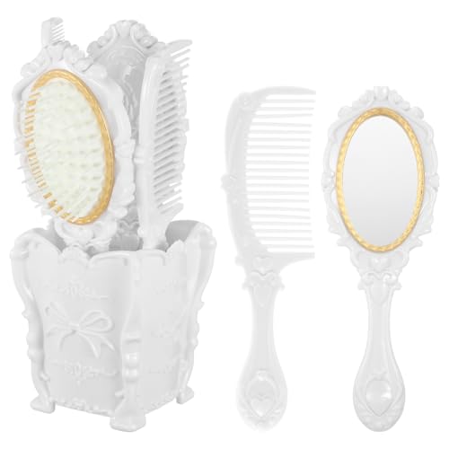 5-Piece Vintage Vanity Mirror and Hair Styling Comb Set with Storage Pot