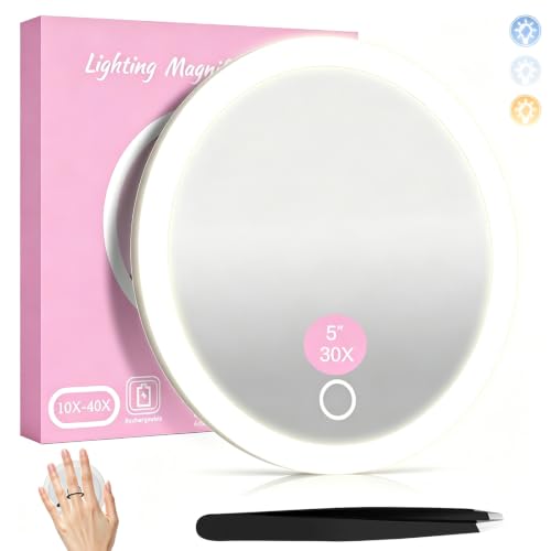 White 30X Magnifying Makeup Mirror with Light - 5 Inch Handheld