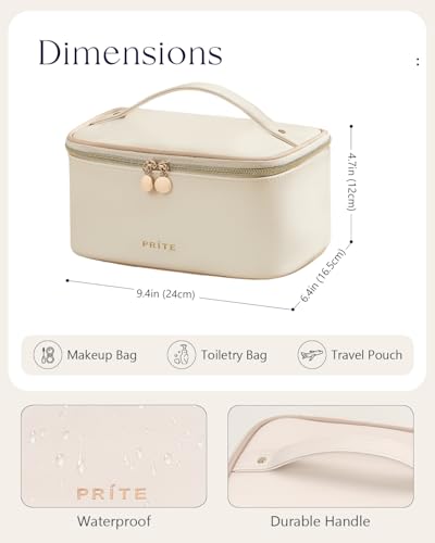 Prite Large Makeup Bag Organizer - Waterproof PU Leather Travel Case