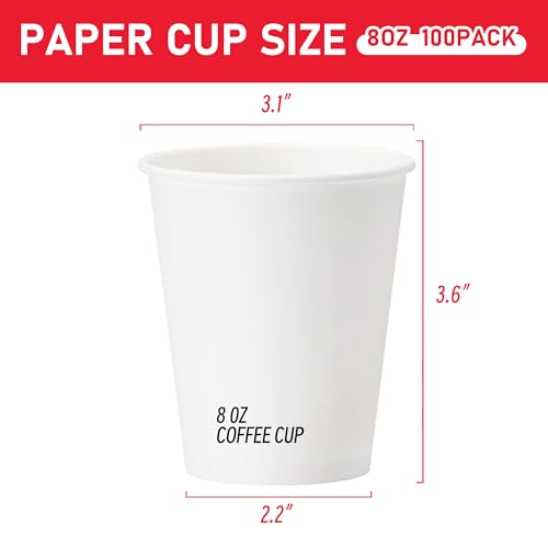100 Pack 8 oz Disposable Paper Coffee Cups - Hot/Cold Beverage Use