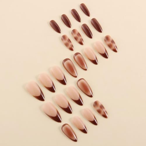 Leopard Print Almond Press-On Nails with Brown French Tips - 24 Pcs