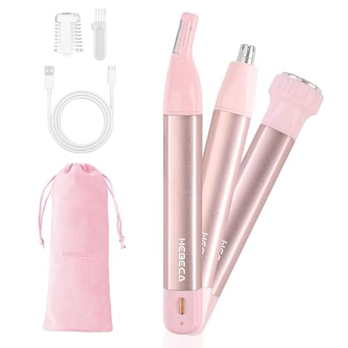 HEBECA Nose Hair Trimmer for Women 3in1 Facial Hair Removal Trimmers- Rechargeable, Waterproof, Portable with Travel Bag- Trims Nose, Ear, Eyebrow, Peach-Fuzz, Lips, Chin Face Hair Remover (Pink)