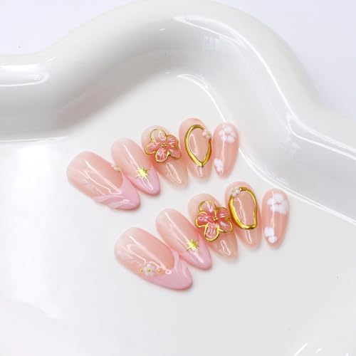 OCOUYVD Medium Almond Fake Nails with 3D Gold Embossed Flower Design - Size M / 2426