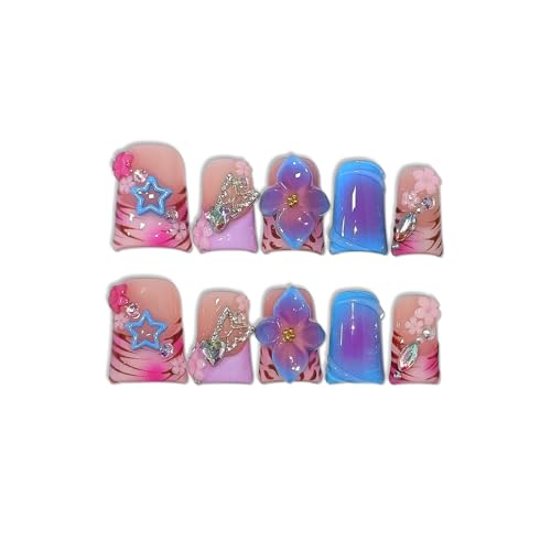 Duckbill Press on Nails Set - Blue Leopard with Rhinestones & Bow (S)