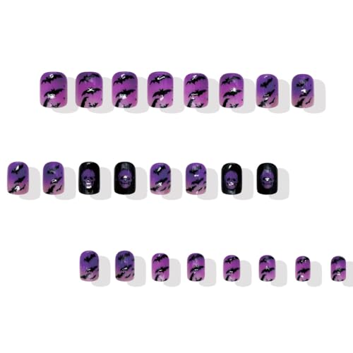 Tyemp WS02 Halloween Short Square Fake Nails with Skull & Bat Design, 24Pcs