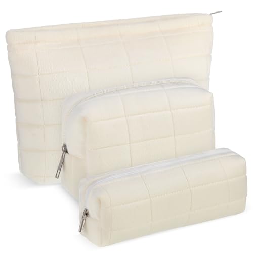 3-Piece Puffy Quilted Makeup Bag Set, Aesthetic Checkered Travel Organizer