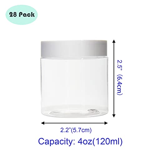 28 Pack 4 oz Clear Plastic Jars with White Lids - Leak-Proof