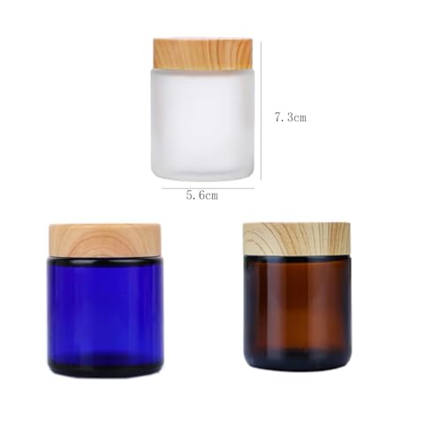 White Frosted Glass Cosmetic Jars 100g Refillable Containers with Wood Grain Lids - Travel Size
