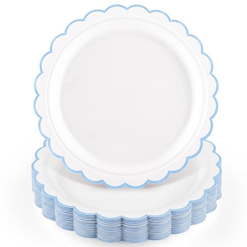 30 Pack Light Blue Scalloped Paper Plates - 9" Dessert Plates for Parties