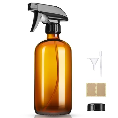 16oz Amber Glass Spray Bottles with Adjustable Nozzle - Refillable Cleaning and Essential Oil Sprays