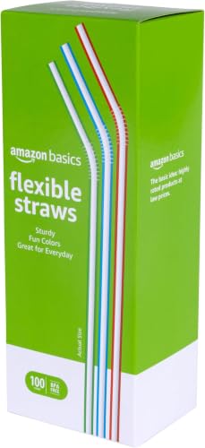 Amazon Basics 100 Count Disposable Striped Flex Straws - Assorted Colors, 7.5" Long