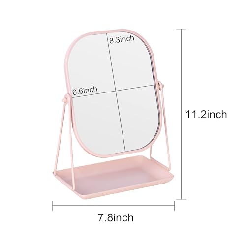 Pink Rotating Metal Makeup Mirror with Storage - 360° Swivel Vanity Mirror
