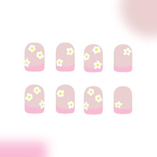 Pink French Tip Press-On Nails with Flower Design - 24 Pcs