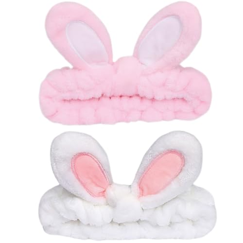 Cute Bunny Ears Spa Headbands for Women - 2 Pack Coral Fleece