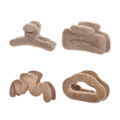 Coffee Faux Fur Hair Clips 4-Piece Set, Strong Hold Clamps, Non-Slip Hair Accessories