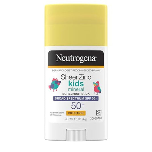 Neutrogena Sheer Zinc Oxide Kids Mineral Sunscreen Stick, SPF 50 Plus UVA/UVB Broad Spectrum Protection, Water-Resistant Sunscreen Stick, Gentle on Sensitive Skin, Dermatologist Recommended, 1.5 oz