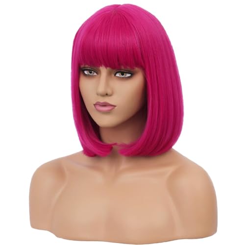 RightOn Hot Pink Bob Wig with Bangs - 12 Inch Short Straight Hair