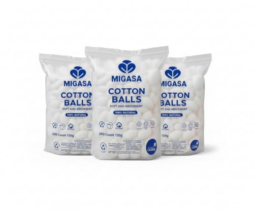 Migasa 100% Pure Hypoallergenic Cotton Balls – 200 Count Soft Skincare