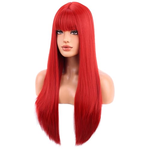 BERON 26-Inch Red Straight Wig with Bangs Heat-Resistant Synthetic Hair
